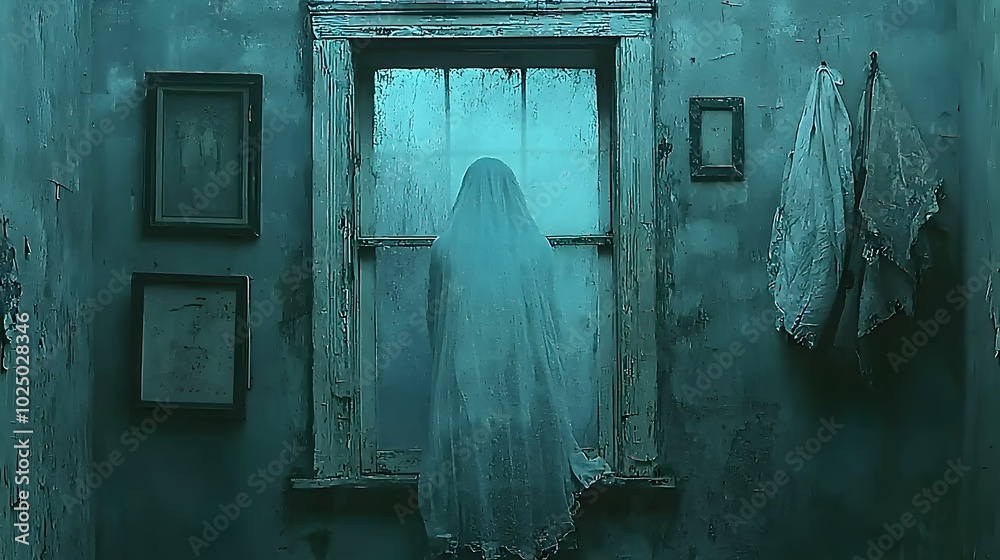 Poster faint ghostly face appearing through a cracked weathered window of an old abandoned victorian house 