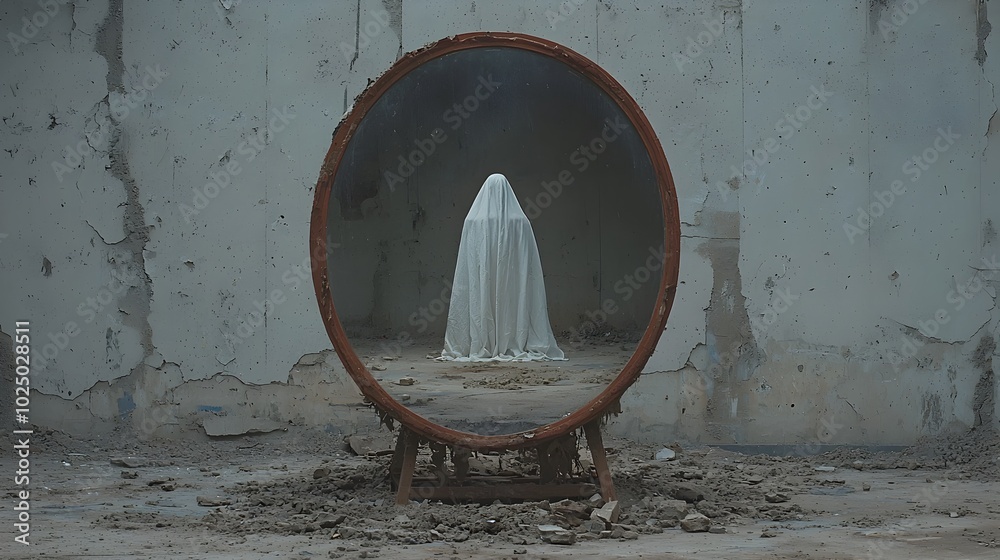 Aufkleber Ghostly Apparition Reflected in a Mysterious Dark Mirror While the Room Appears Empty to the Viewer Creating an Eerie and Supernatural Atmosphere with a Haunting Presence