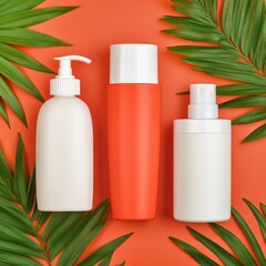 Three cosmetic bottles arranged on a vibrant background with tropical leaves.