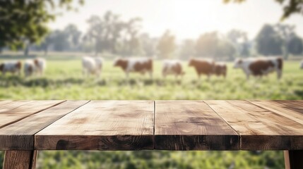 Fototapeta premium Rustic wooden table with a blurred background of cows grazing in a sunlit, lush green pasture.