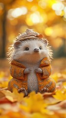 Fototapeta premium Hedgehog in vibrant orange sweater and hat sitting on autumn leaves in park. Yellow and orange leaves in background. Hedgehog is central focus. Autumn scene.