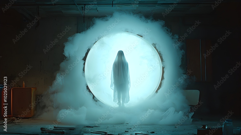 Aufkleber Ghostly Reflection Appears in the Darkened Mirror Filled Room   A mysterious and unsettling scene where a ghostly figure is reflected in the dark mirror