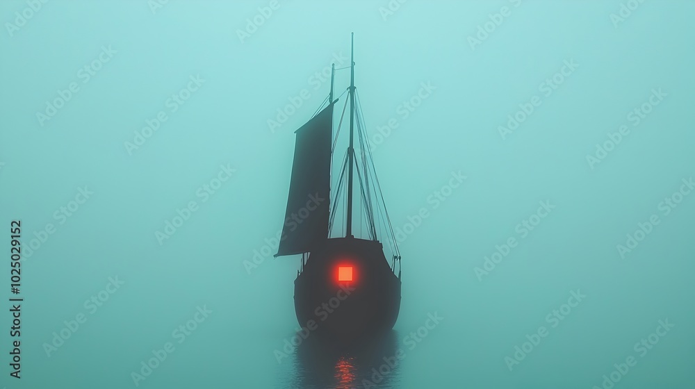 Aufkleber Ghostly sailing ship gliding silently through the ethereal misty fog over the open ocean its sails emitting a mysterious otherworldly glow as it journeys through the unknown