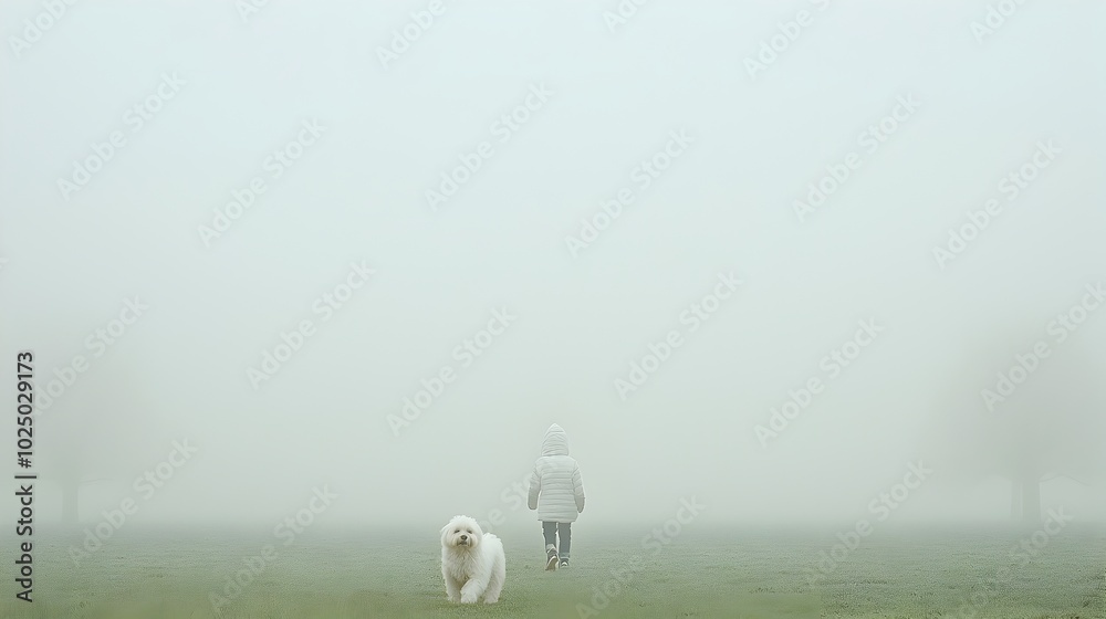 Aufkleber Ghostly silhouette of a dog running through a misty foggy park with the mist and fog swirling around its ethereal form creating a mysterious and supernatural atmosphere