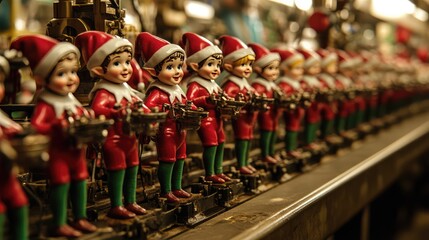 Naklejka premium Busy morning in the North Pole toy factory. AI generated illustration.