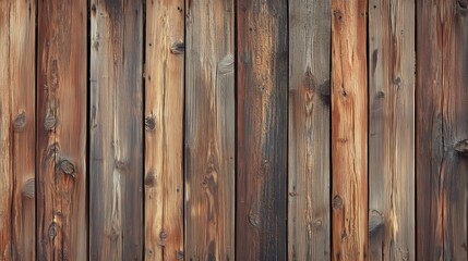 Fototapeta premium Close-up of a rustic wooden wall showcasing a variety of natural textures and warm tones in vertical planks.