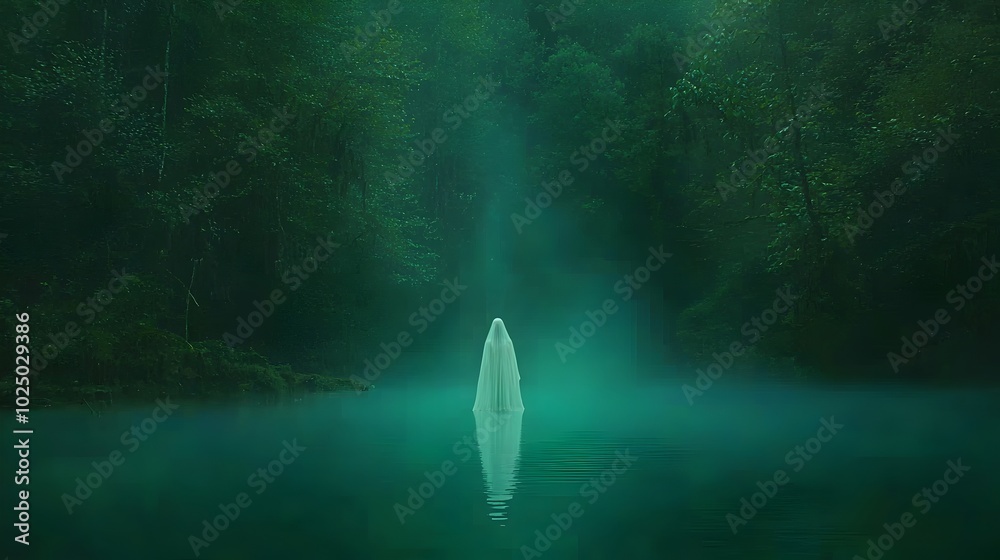 Poster ghostly spectral figure of a woman in a wedding dress floating ethereally above the still reflective