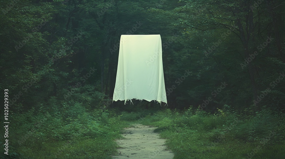 Aufkleber Ghostly tattered dressed figure floating mysteriously above a tranquil abandoned forest path at the dusk hour creating an eerie supernatural atmosphere