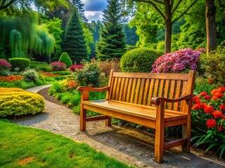 Obraz premium Abstract Wooden Garden Bench in a Peaceful Park Setting Surrounded by Lush Greenery and Natural Beauty for Relaxation