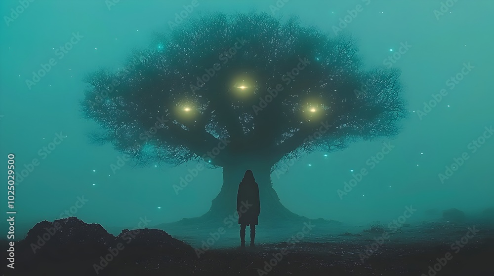 Poster ghostly spectral figure stands beneath an ancient gnarled tree surrounded by ethereal glowing lights