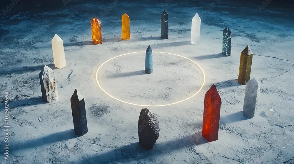 Poster glowing healing crystals and energy stones arranged in a circular formation emitting a soft ethereal