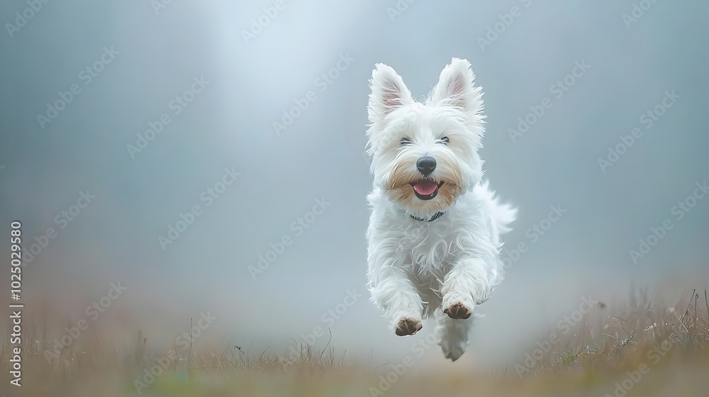 Poster ghostly white dog apparition running at high speed through a misty atmospheric park landscape with s
