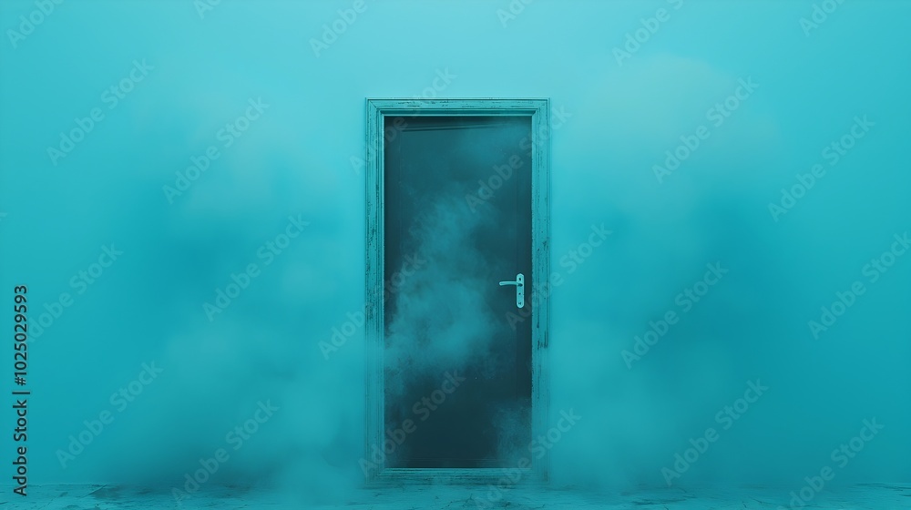 Poster ghostly wisps of smoke swirl and curl around the ajar entrance of a mysterious haunted house creatin