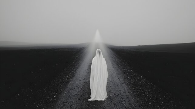 Ghostly veiled figure of a bride standing alone on a long empty road their ethereal gown and veil billowing in the dense mysterious fog  A haunting surreal scene of isolation and the supernatural