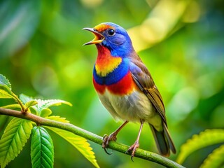 Obraz premium A Colorful Bird Singing Joyfully on a Branch Surrounded by Lush Greenery in a Bright Environment