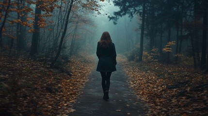 Fototapeta premium Lonely woman walks on footpath in dark foggy mystery forest. Spooky atmospheric mood in autumn woodland 