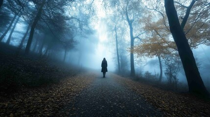 Fototapeta premium Lonely woman walks on footpath in dark foggy mystery forest. Spooky atmospheric mood in autumn woodland 