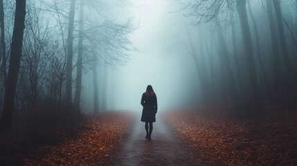 Lonely woman walks on footpath in dark foggy mystery forest. Spooky atmospheric mood in autumn woodland
