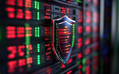 Close-up of a digital security shield on a server rack, representing cybersecurity and data protection.
