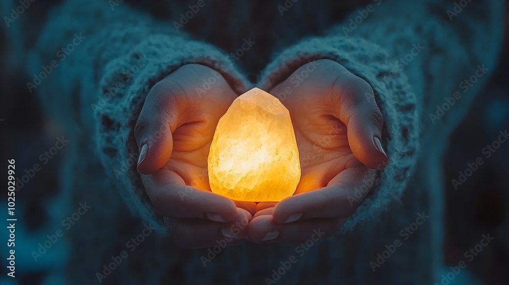 Poster hands gently cupping a radiant crystal surrounded by a soft glowing light that emanates a sense of s