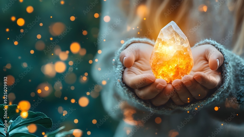 Poster hands gently cupping a luminescent crystal emanating a soft warm glow that symbolizes the power of h