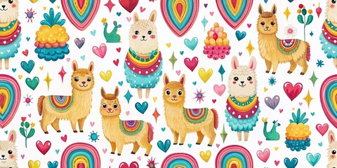 Obraz premium Adorable Alpacas with Heart and Rainbow Pattern for Wrapping Paper and Surface Texture, Cute Seamless Design on White