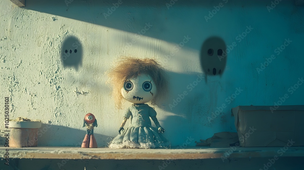 Aufkleber Haunted creepy porcelain doll sitting on a wooden shelf surrounded by dark ominous shadows that form the shape of ghostly sinister faces in a spooky abandoned and supernatural setting
