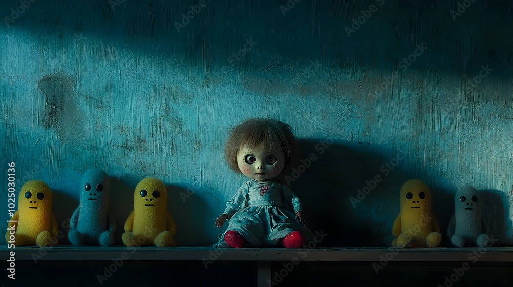 Aufkleber Haunted antique doll sitting on a shelf surrounded by dark shadows that form the shape of ghostly supernatural faces in a creepy unsettling setting  Spooky uncanny