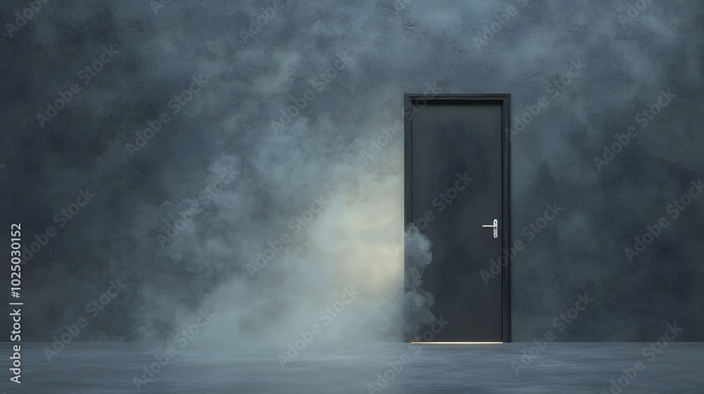 Poster haunted house door ajar with ghostly wisps of smoke swirling around the entrance creating an eerie m