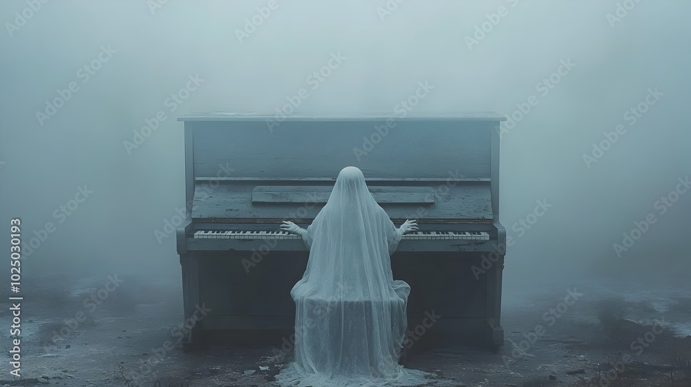 Poster haunted piano set in an eerie misty atmosphere with ghostly hands hovering just above the piano keys