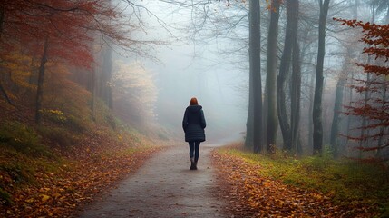 Lonely woman walks on footpath in dark foggy mystery forest. Spooky atmospheric mood in autumn woodland
