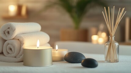 Tranquil spa setting with lit candles, stacked towels, stones, and aromatic reed diffusers creating a serene and relaxing atmosphere.