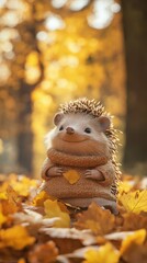 Obraz premium Cute hedgehog in autumn park sits on yellow leaves. Hedgehog in funny outfit smiles. Small white body brown spines, yellow leaves, blurred forest background. Colorful leaves, happy animal, autumn