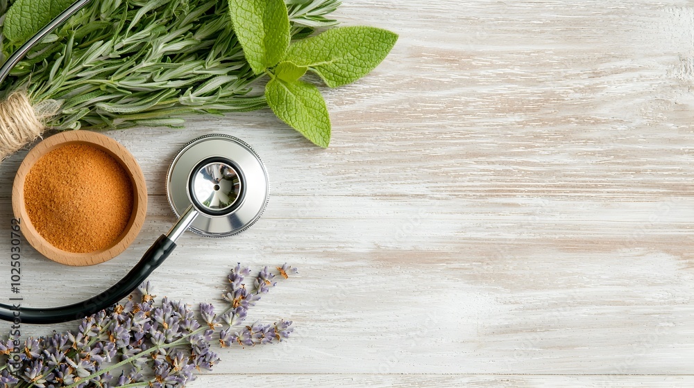 Poster holistic health symbols such as a stethoscope intertwined with a branch of sage or lavender on a ser