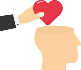 Hand put positive heart shape into human brain. Emotional intelligence ability to understanding emotions and balance between heart and brain, reason and emotion. Vector illustration.

