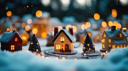 Naklejka premium Miniature city with snow-covered houses at night. AI generated illustration.