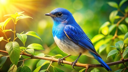 Obraz premium Adorable Blue Bird Perched on a Branch Surrounded by Lush Green Leaves in a Sunny Environment