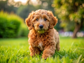 Fototapeta premium Adorable Brown Goldendoodle Puppy Playing in the Grass, Perfect for Pet Lovers and Animal Enthusiasts Everywhere