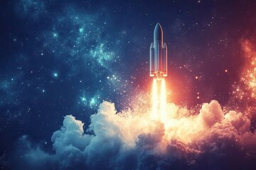 Obraz premium A powerful rocket takes off into space, leaving behind a trail of fire and smoke against a stunning starry sky.
