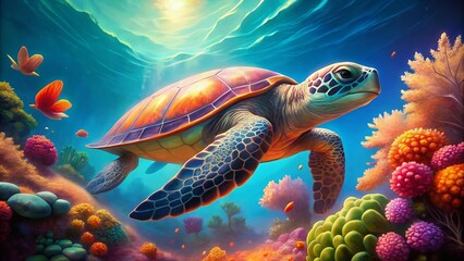 Obraz premium Adorable Cartoon Sea Turtle Swimming in Colorful Ocean Waters, Perfect for Children’s Books and Educational