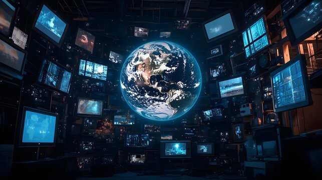 Earth in the middle of a bunch of television screens broadcasting a variety of different programs