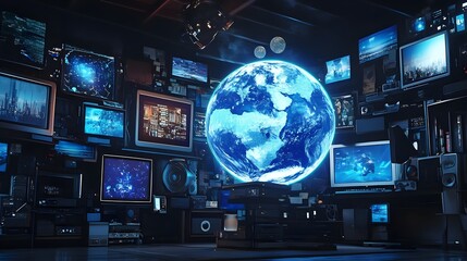 Earth in the middle of a bunch of television screens broadcasting a variety of different programs