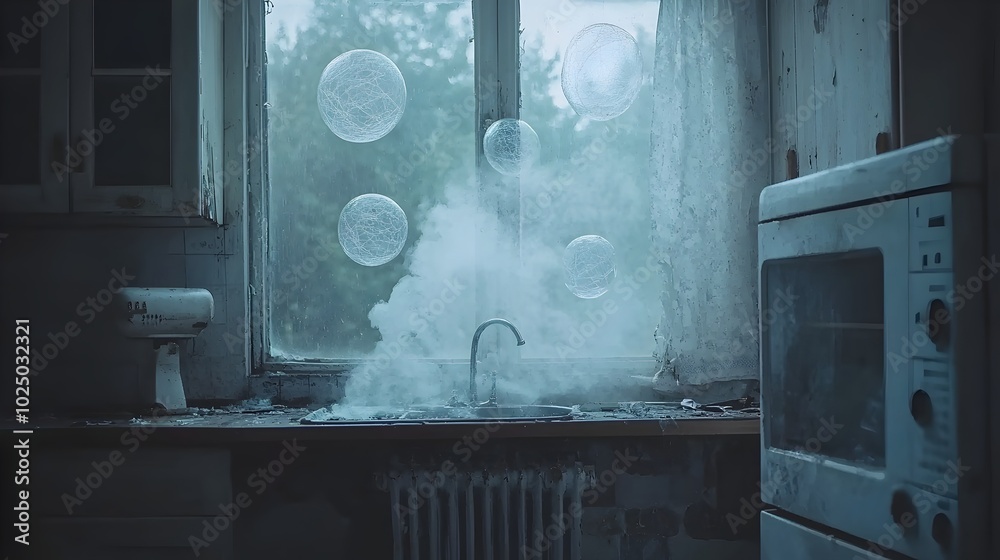 Poster poltergeist phenomenon causing objects to float and spin in an eerie gloomy and neglected vintage ki