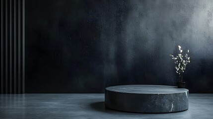 2. An elegant display scene with a dark stone podium positioned on a seamless dark wall, designed for product presentation in a clean, minimalistic style
