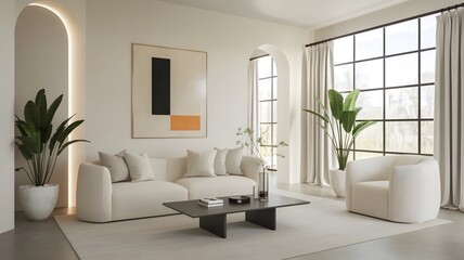  Premium minimalist interior design of modern luxury  living room. AI generated.