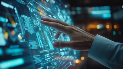 Obraz premium Navigating Risk Businessperson Interacts with Holographic Interface
