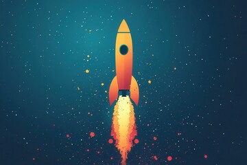 A vibrant illustration of a rocket launch into space, showcasing bright colors and a dynamic upward movement on a dark night sky backdrop.