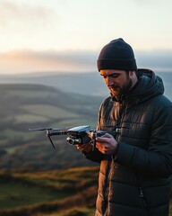Fototapeta premium A hobbyist preparing a drone for flight on a scenic hilltop, with a camera attached, ready to capture aerial shots of the landscape, highlighting the adventurous side of drone photography
