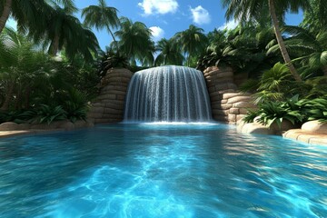 3D animation of a waterfall flowing into a pool in a virtual jungle, with vibrant colors and smooth, realistic movement of the water and plants