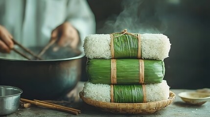 Steaming sticky rice wrapped in fragrant banana leaves showcasing a traditional method of cooking this beloved Asian delicacy  The image captures the natural textures warm tones